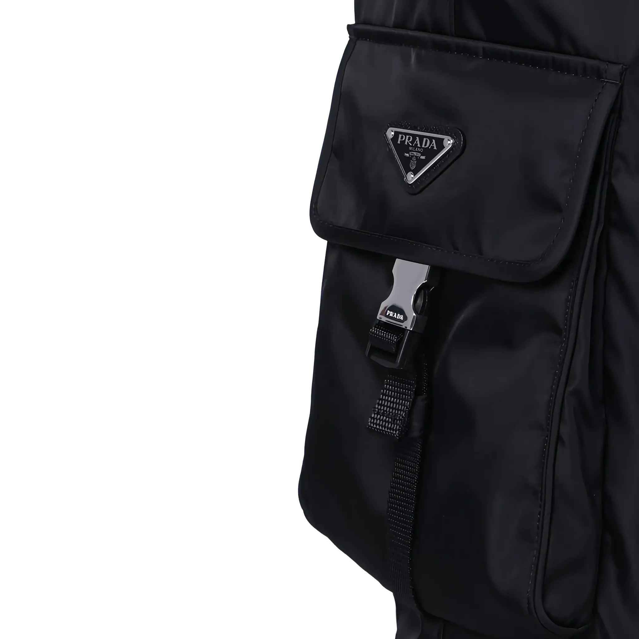 Detailed Front View of Prada Nylon Cuffed Straight Leg Black Cargo Pants SPH130S2111WQ8